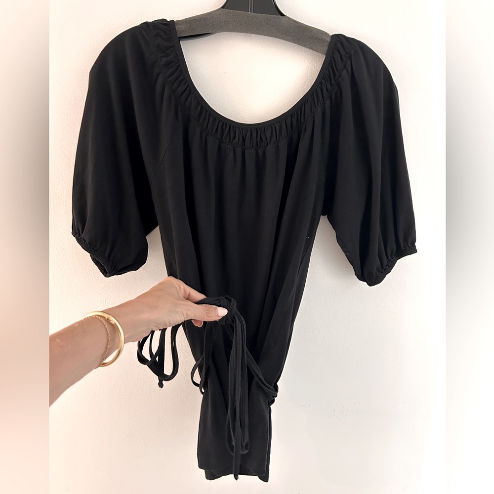 Theory Black Puff Sleeve Smocked cotton Blouse